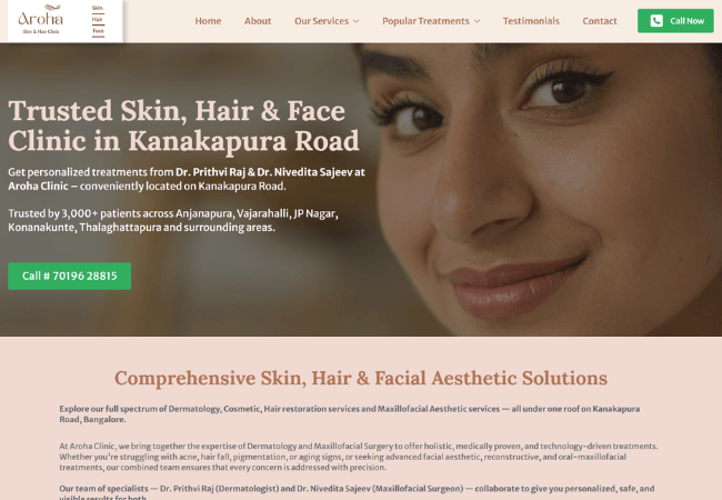 HappiMed Client Aroha Skin Clinic Website Hero Section Image