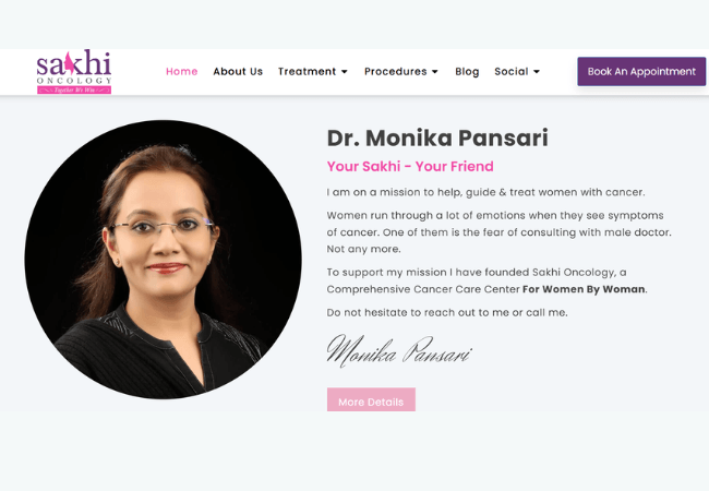 HappiMed Client Dr Monika Pansari Surgical Oncologist Website Hero Section Image